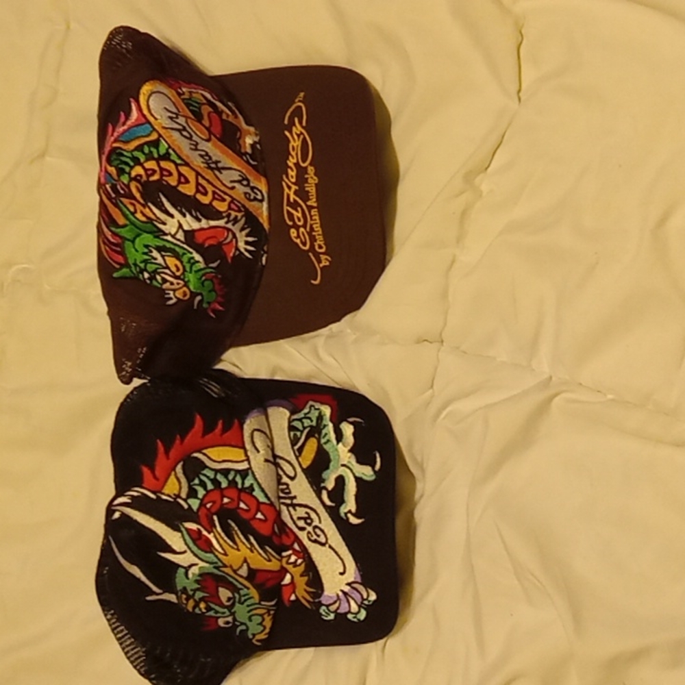 Two Ed Hardy hats one black one Brown New Never Worn